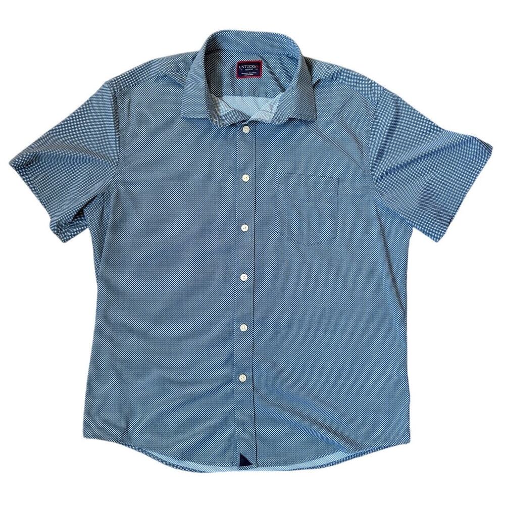UNTUCKit Mens M Benham Blue White Micro Dot Short Sleeve Regular Fit Button Down